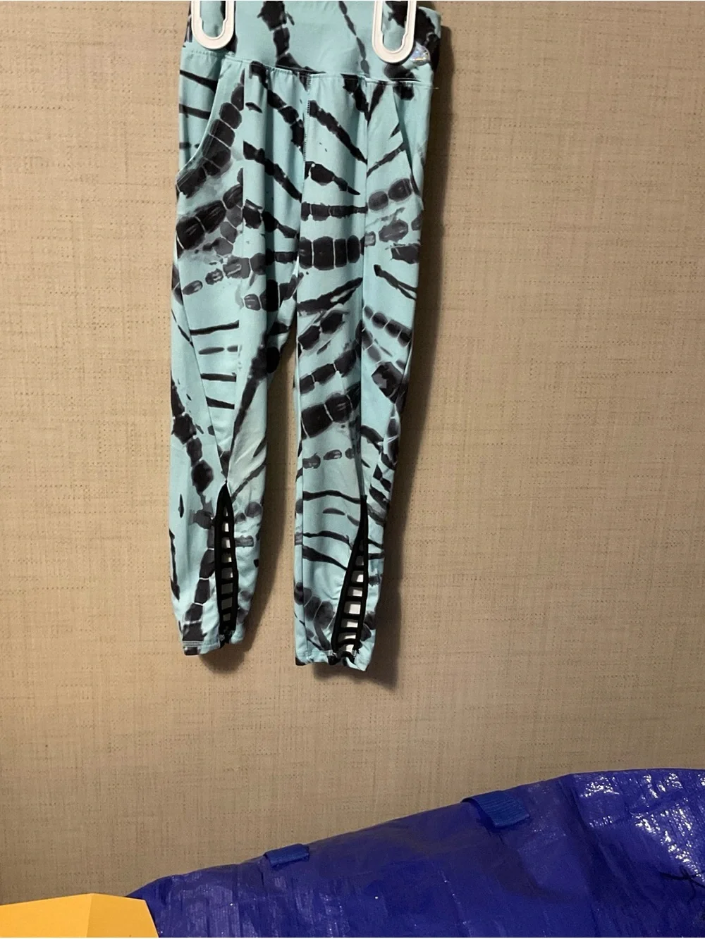 Justice Kids Tie-Dye Leggings in Light Blue and Black with Ladder Cutouts